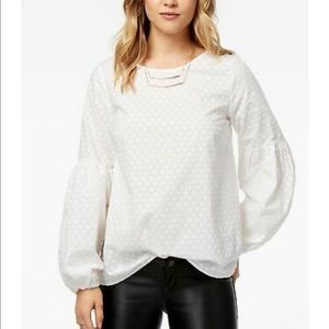 Kensie | Sheer White Polka Dot Embroidered Top XL